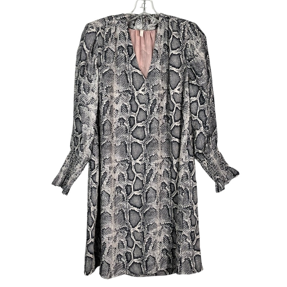 Rebecca Taylor Snakeskin Printed Tie V-Neck Silk Long Ruched Sleeve Dress Size 6